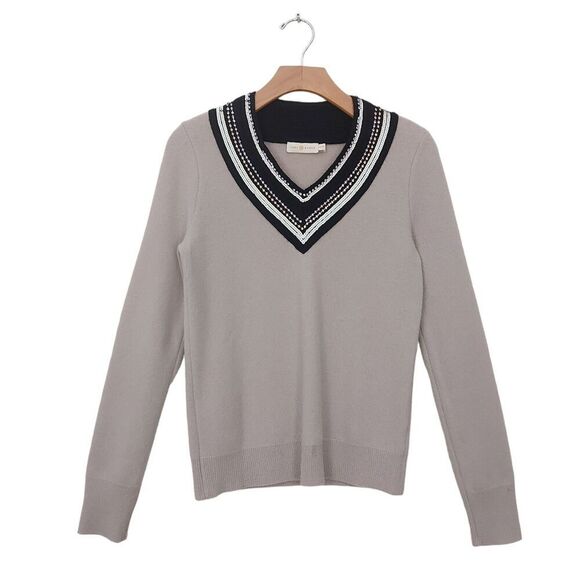 Tory Burch Sweater Womens XS Beige Merino Wool Rhinestones Sequin V-Neck Grandma - Picture 1 of 13